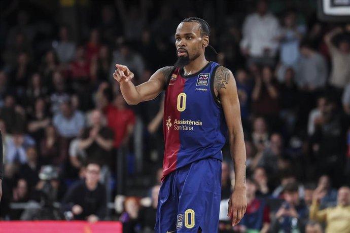 Kevin Punter of FC Barcelona gestures during the Turkish Airlines Euroleague, match played between FC Barcelona and Partizan Mozzart Bet Belgrade at Palau Blaugrana on March 14, 2025 in Barcelona, Spain.