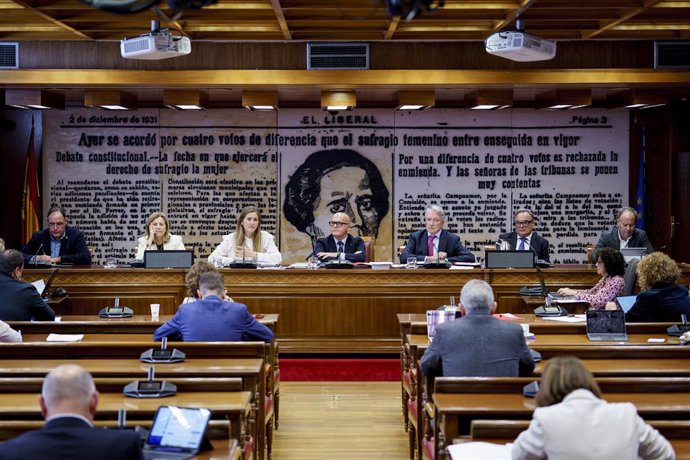 La vicepresidenta tercera y ministra para la Transición Ecológica y el Reto Demográfico, Sara Aagesen (3i), y el presidente de la Comisión, José Manuel Baltar (c), durante su comparecencia ante la Comisión de Despoblación y Reto Demográfico, en el Senado,