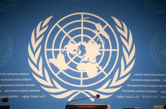 12 de março de 2025, Genebra, Genebra, Suíça: Genebra, Suíça, 12/03/2025: O selo da ONU em Genebra durante a coletiva de imprensa da Cúpula sobre Gaza e ajuda humanitária no Escritório do Alto Comissariado das Nações Unidas para os Direitos Humanos (OHCHR