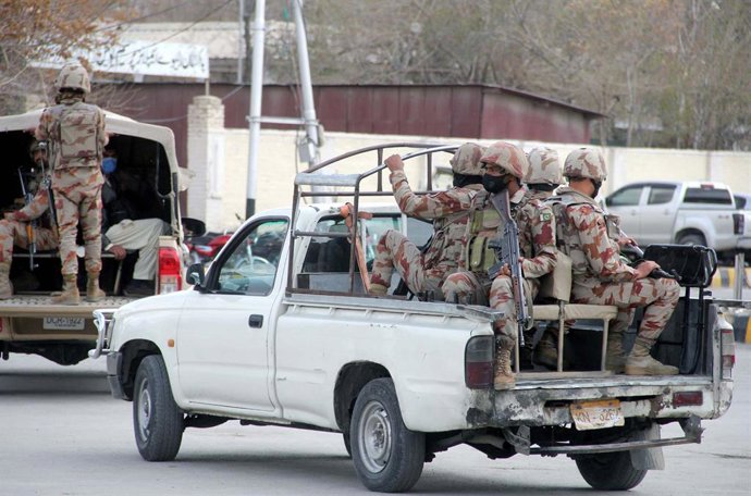 March 12, 2025, Pakistan: QUETTA, PAKISTAN, MAR 12: Army officials stand high alert to avoid untoward incident and .maintained law and order situation after separatist militants trains hijack attacked, outside .Railway Station in Quetta on Wednesday, Marc