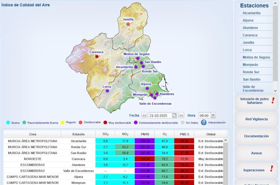Mapa que muestra las estaciones medidoras de la Red de Calidad del Aire