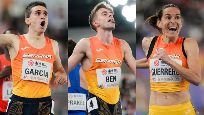 Atletas espanhóis Mariano García, Adrián Ben e Esther Guerrero, no Campeonato Mundial Indoor em Nanjing (China).