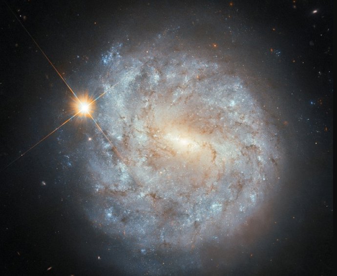 Uma galáxia espiral brilhante emparelhada com uma estrela proeminente, ambas na constelação de Virgem.