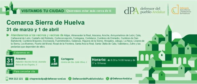 Cartel de la atención en la Sierra de Huelva de la Oficina de Información y Atención Ciudadana (OIAC) del Defensor del Pueblo andaluz.