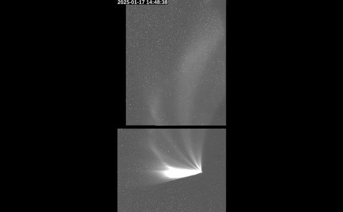 Imagem única da cauda canelada do cometa C/2024 G3 (ATLAS) obtida pela sonda Solar Orbiter.