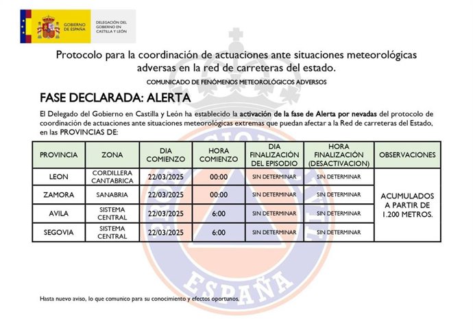 La Delegación del Gobierno activa la Fase de Alerta ante la previsión de nevadas en Ávila, Segovia, León y Zamora