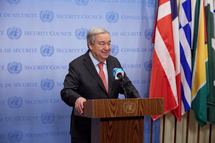 March 12, 2025, New York, New York, USA: UN Secretary-General António Guterres addresses the press outside the Security Council Chambers, discussing the UN80 Initiative, international trade, and the ongoing situation in Ukraine.