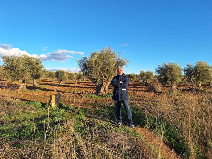 El presidente de la Asociación por la Urbanización de la Montaña, José María Belmonte, junto al campo de olivos donde está proyectada una macroplanta fotovoltaica, el 12 de febrero de 2025, en Aranjuez, Madrid.