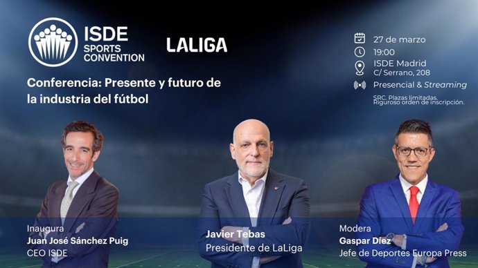 El presidente de LaLiga, Javier Tebas, y el CEO de ISDE, Juan José Sánchez Puig, presentan este jueves el ISDE Sports Convention, el congreso sobre el derecho y la industria deportivos que tendrá lugar el 6 de junio en Madrid.