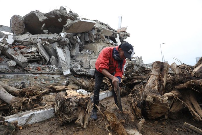 22 de março de 2025, Al-Bureij, Faixa de Gaza, Território Palestino: Palestinos cortam madeira quando começam a usar madeira em vez de gás liquefeito de petróleo devido à escassez de botijões de gás e combustível no campo de refugiados de Al-Bureij, Faixa