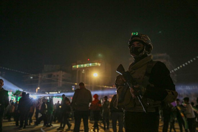 March 15, 2025: Celebrations to mark revolution anniversary in Syria.Aleppo, Syria. 15 March 2025. A number of security forces of the new Syrian administration  are deployed in the Saadallah Al-Jabiri Square in Aleppo during a commemoration of the start o