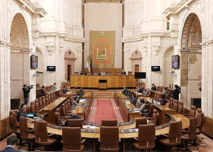 Archivo - Reunión de la Diputación Permanente en el salón de plenos del Parlamento andaluz en abril de 2020, durante el estado de alarma decretado por la pandemia de Covid-19. (Foto de archivo).