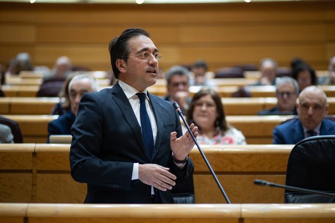El ministro de Asuntos Exteriores, Unión Europea y Cooperación de España, José Manuel Albares, durante una sesión de control al Gobierno, en el Senado, a 25 de marzo de 2025, en Madrid (España). Durante el pleno ERC defiende una iniciativa legislativa que