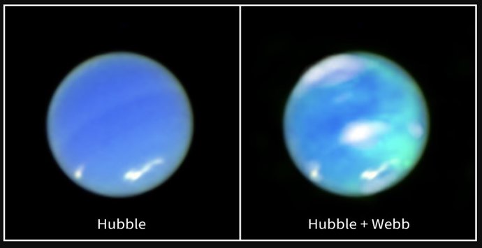 À esquerda, uma imagem de Netuno com cores aprimoradas obtida pelo Telescópio Espacial Hubble da NASA. À direita, essa imagem é combinada com dados do Telescópio Espacial James Webb da NASA.