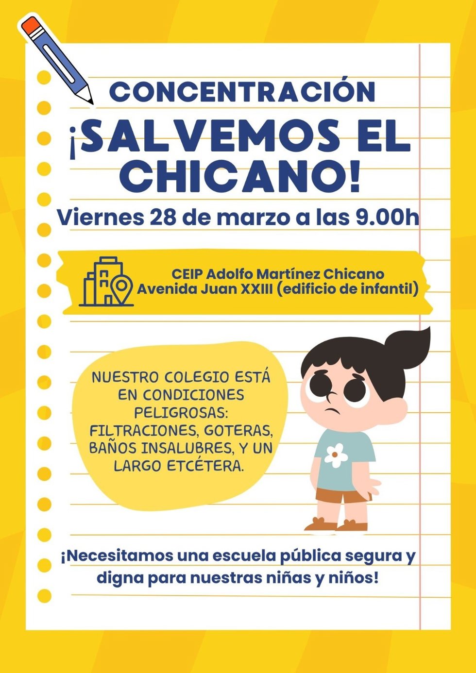 Cartel de la concentración de padres del alumnado del colegio 'Adolfo Martínez Chicano' de Las Pedroñeras.