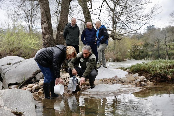La consejera de Pesca, María Jesús Susinos, en la suelta de alevines de trucha en el río Pas