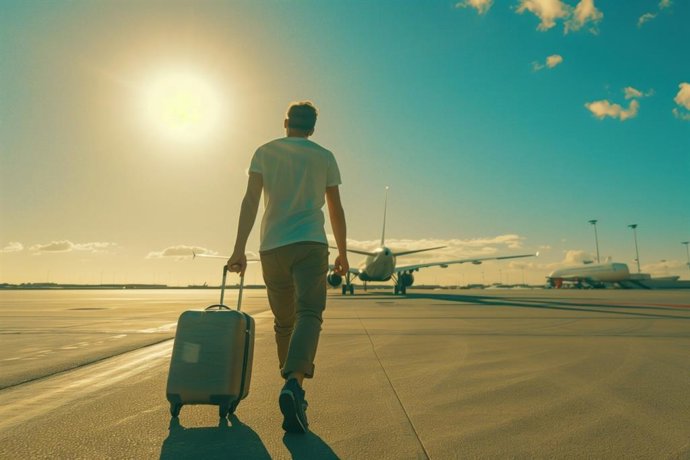 Estudiante en pista de aeropuerto para viajar