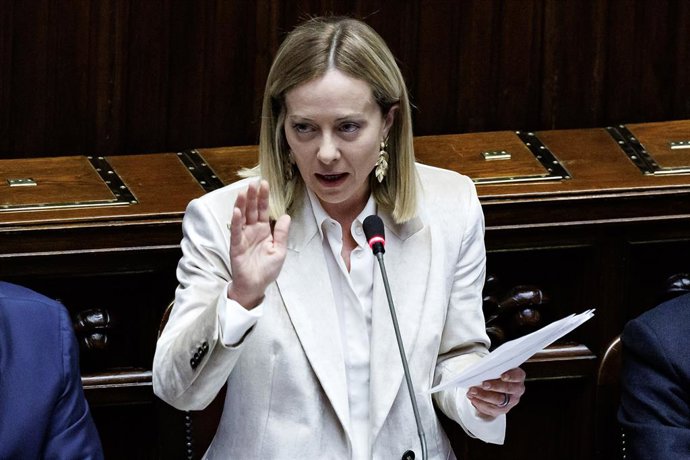 A primeira-ministra Giorgia Meloni na Câmara dos Deputados durante suas comunicações sobre o próximo Conselho Europeu de 20 e 21 de março, Roma, quarta-feira, 19 de março de 2025 (Foto Roberto Monaldo / LaPresse) .
