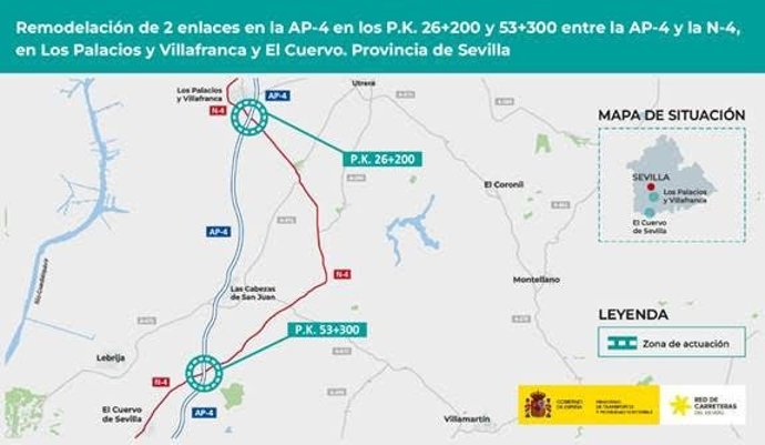 Detalle del proyecto de trazado para remodelar dos enlaces en la AP-4 a la altura de Los Palacios y El Cuervo.