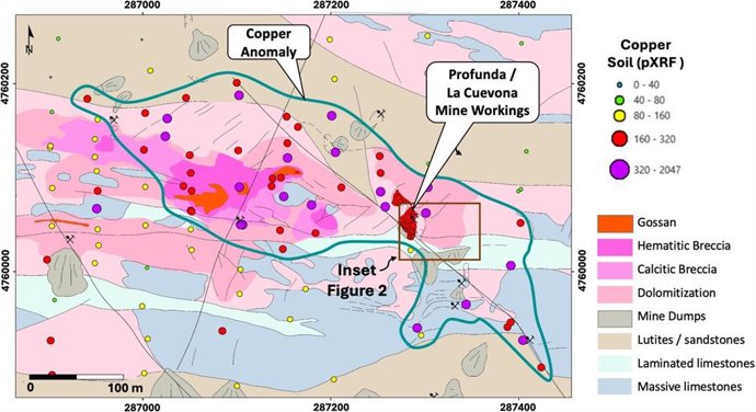 Figure 1 - Profunda Target - geology and alteration map showing the location of the La Cuevona mine workings (Figure 2) and portable XRF (pXRF) soil copper anomaly.