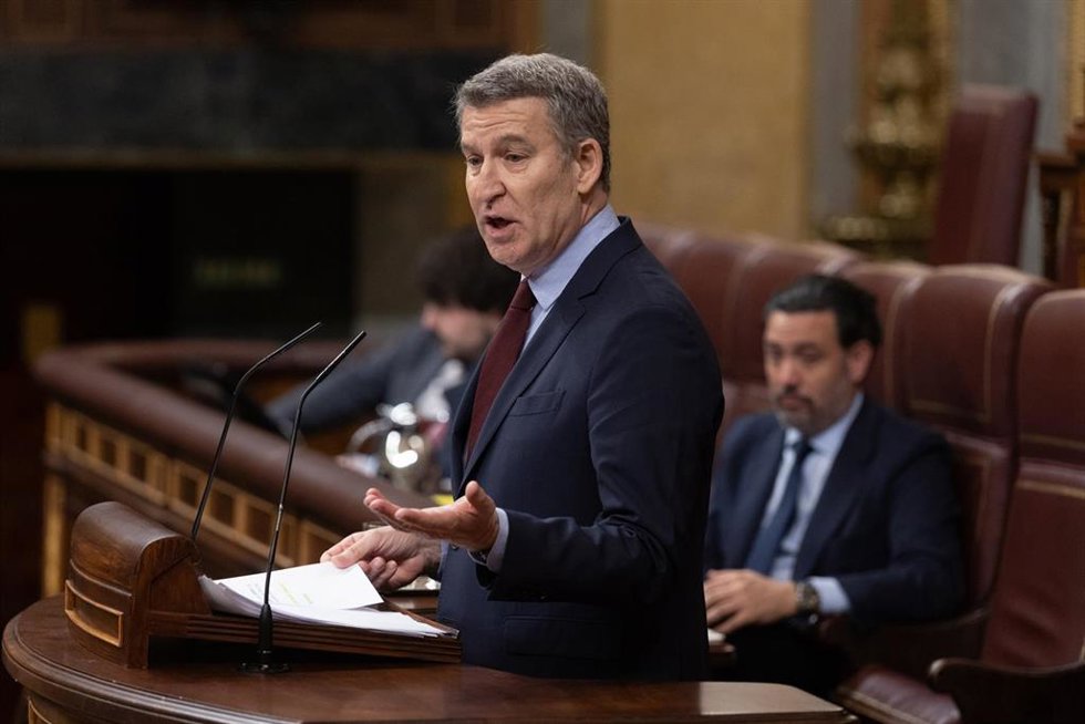 El presidente del PP, Alberto Núñez Feijóo, interviene durante una sesión plenaria en el Congreso de los Diputados, a 26 de marzo de 2025, en Madrid (España).