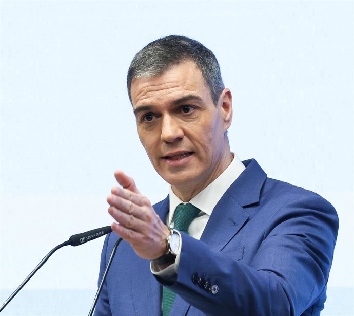 El presidente del Gobierno, Pedro Sánchez, durante la segunda jornada de la V edición del foro ‘Fondos Europeos’ de elDiario.es, en El Beatriz Madrid, a 28 de marzo de 2025, en Madrid (España). 