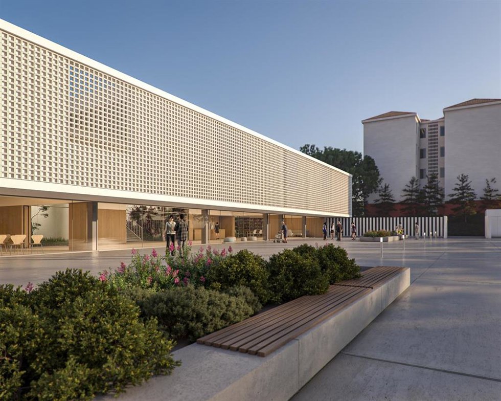 Recreación del exterior del Hogar de Mayores de Nueva Ciudad en Mérida.