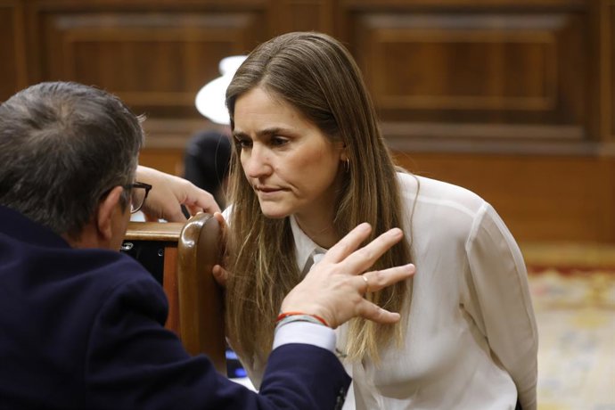 El portavoz del PSOE, Patxi López y la vicepresidenta tercera y ministra para la Transición Ecológica, Sara Aaagesen, durante una sesión de control al Gobierno en el Congreso de los Diputados, a 26 de febrero de 2025, en Madrid (España). El Gobierno hace 