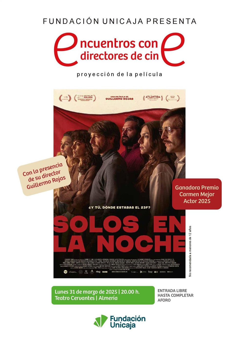 Cartel de 'Solos en la noche' dentro de los 'Encuentros con directores de cine' de la Fundación Unicaja.