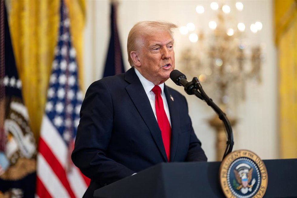 26 March 2025, US, Washington: USPresident Donald Trump speaks during a reception celebrating the Women's History Month in the East Room of the White House. Photo: White House/ZUMA Press Wire/dpa