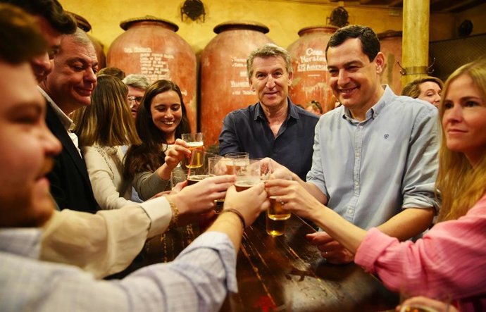 O Presidente do PP, Alberto Núñez Feijóo, e o Presidente do PP da Andaluzia e do Governo Regional da Andaluzia, Juanma Moreno, participaram neste sábado em Sevilha de uma reunião com membros das Novas Gerações, no âmbito da 27ª Assembleia Interparlamentar