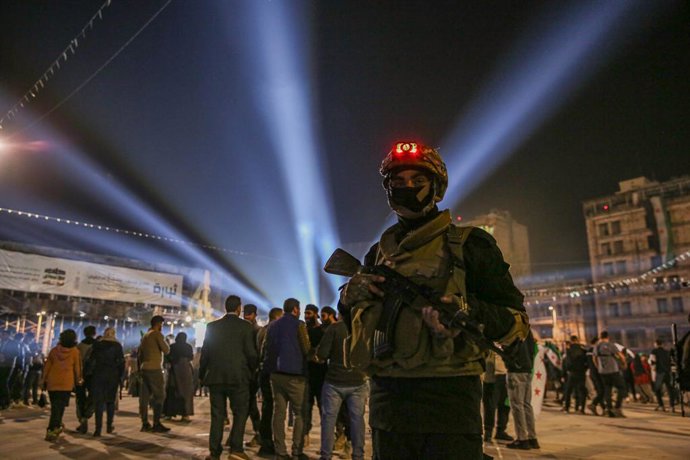 March 15, 2025: Celebrations to mark revolution anniversary in Syria.Aleppo, Syria. 15 March 2025. A number of security forces of the new Syrian administration  are deployed in the Saadallah Al-Jabiri Square in Aleppo during a commemoration of the start o