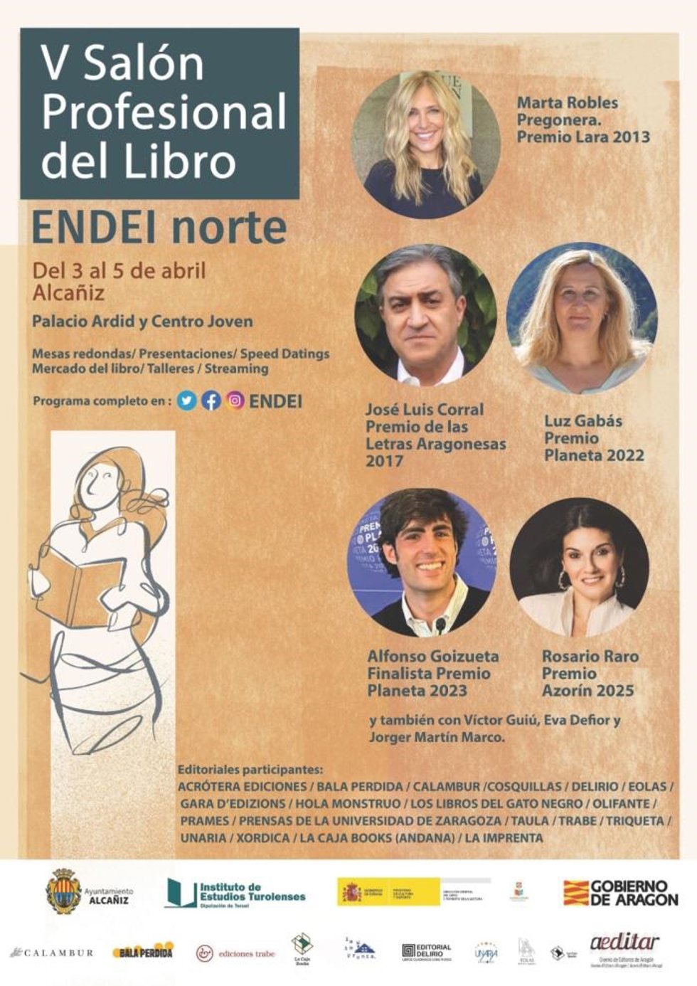 Cartel del V Salón Profesional del Libro de ENDEI que se celebrará en Alcañiz del 3 al 5 de abril