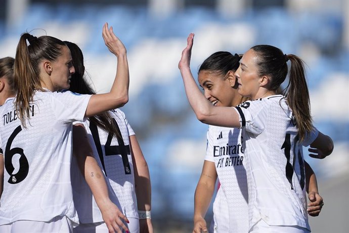 Caroline Weir of Real Madrid celebrates a goal during the Spanish Women League, Liga F, football match played between Real Madrid and Real Sociedad at Alfredo Di Stefano stadium on March 30, 2025, in Valdebebas, Madrid, Spain.