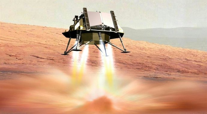 Ilustração artística da chegada do rover Rosalind Franklin a Marte