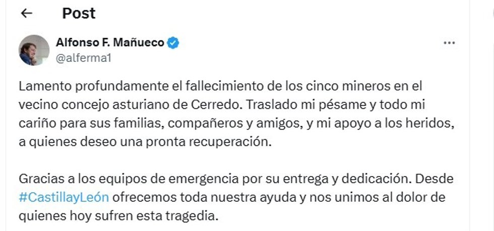 Mensaje de pésame por cinco mineros fallecidos del presidente de la Junta de Castilla y León, Alfonso Fernández Mañueco,  en 'X'.