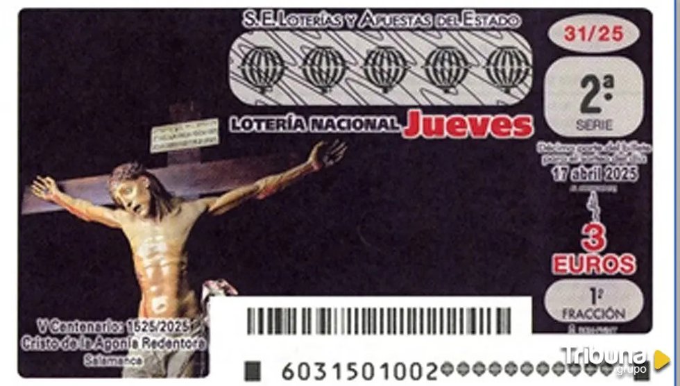 Décimo con la imagen del Cristo de la Agonía de Salamanca, que protagonizará la Lotería Nacional del jueves 17 de abril.