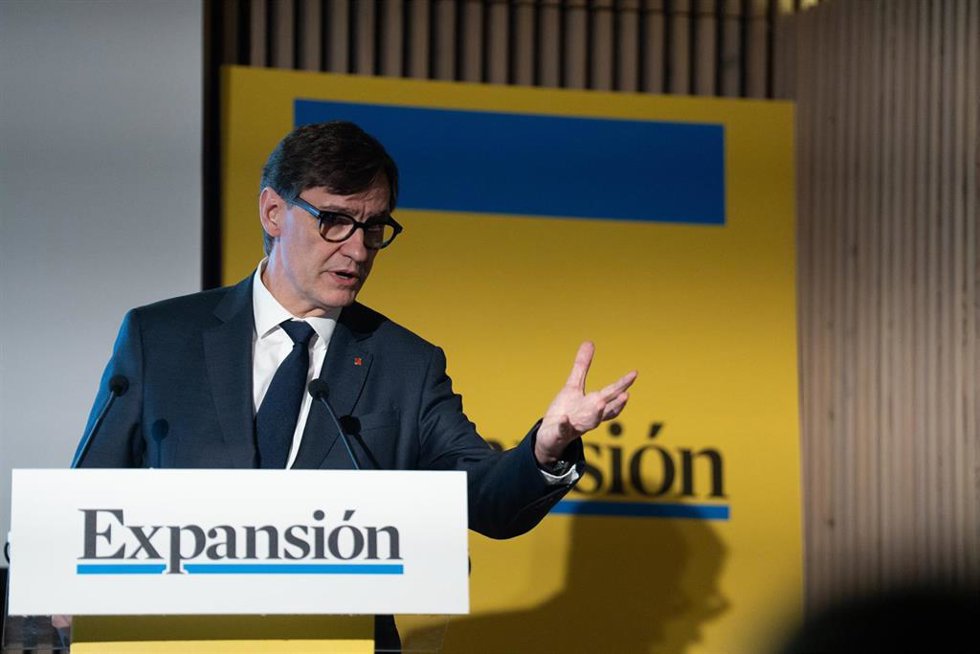 El president de la Generalitat, Salvador Illa, durante la jornada sobre Catalunya 'Hacia un crecimiento sostenible', de 'Expansión', en el Recinte Modernista Sant Pau, a 31 de marzo de 2025, en Barcelona, Cataluña (España).