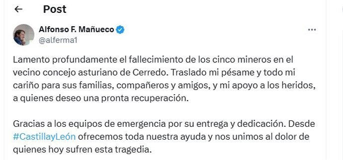 Mensagem de condolências pelos cinco mineiros falecidos do presidente da Junta de Castilla y León, Alfonso Fernández Mañueco, em 'X'.