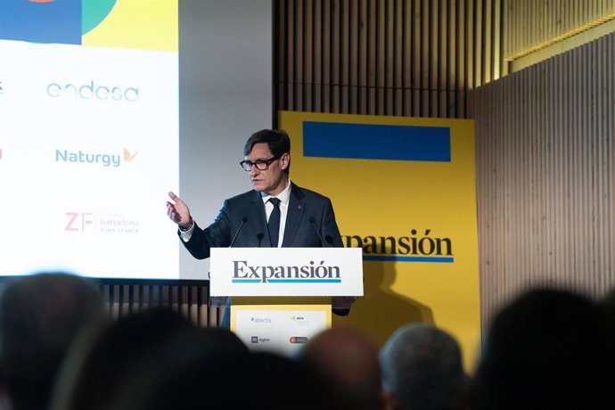 El president de la Generalitat, Salvador Illa, durante la jornada sobre Catalunya 'Hacia un crecimiento sostenible', de 'Expansión', en el Recinte Modernista Sant Pau, a 31 de marzo de 2025, en Barcelona, Cataluña (España).