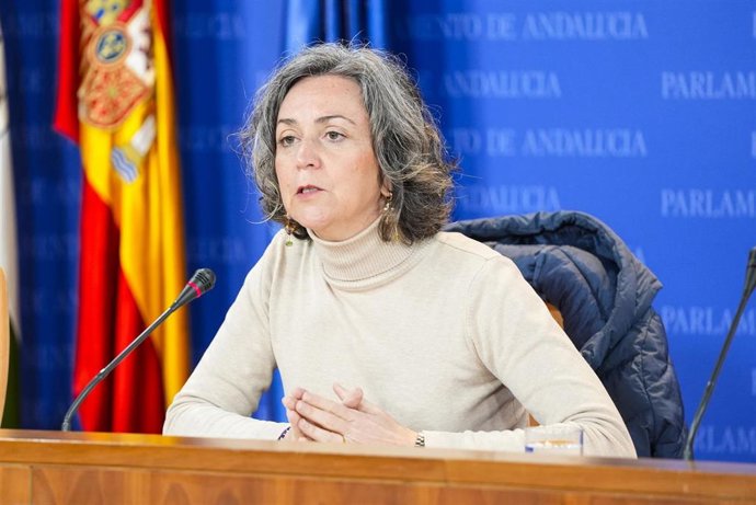 La portavoz adjunta del Grupo Mixto-AdelanteAndalucía, Begoña Iza, durante la ronda de ruedas de prensa de portavoces de los grupos parlamentarios en el Parlamento de Andalucía, a 2 de abril de 2025 en Sevilla (Andalucía, España). Los portavoces de los gr