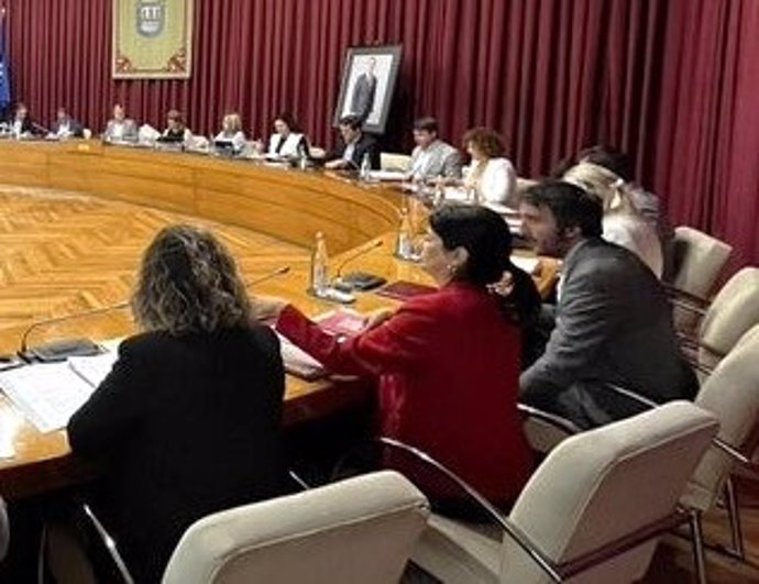 Eva Loza, de rojo, en su sillón en el pleno municipal de Logroño