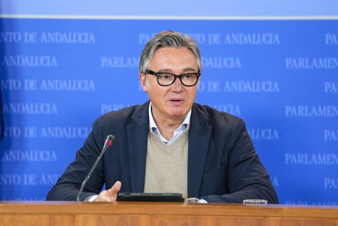 El portavoz del Grupo Parlamentario Vox, Manuel Gavira, durante la ronda de ruedas de prensa de portavoces de los grupos parlamentarios en el Parlamento de Andalucía, a 2 de abril de 2025 en Sevilla (Andalucía, España). Los portavoces de los grupos parlam