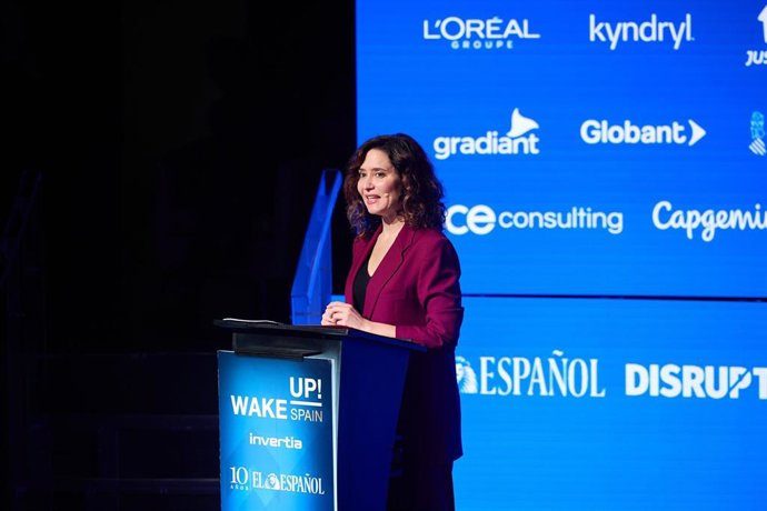 La presidenta de la Comunidad de Madrid, Isabel Díaz Ayuso, durante la V edición del foro económico español ‘Wake Up, Spain!’, en Casa de América