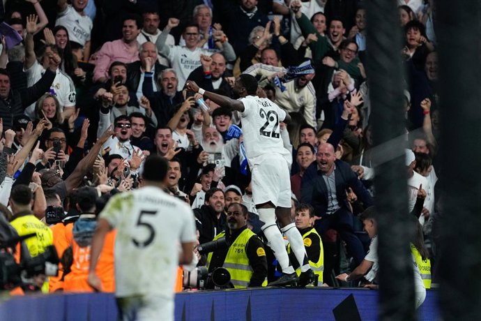 Antonio Rudiger of Real Madrid celebrates a goal during the Spanish Cup, Copa del Rey, football match Semifinal Second Leg played between Real Madrid and Real Sociedad at Santiago Bernabeu stadium on April 01, 2025, in Madrid, Spain.