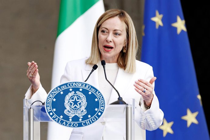 Primeira-ministra Giorgia Meloni no Palazzo Chigi durante a cerimônia de entrega do prêmio Master of the Art of Italian Cuisine, Roma, quarta-feira, 02 de abril de 2025 (Foto Roberto Monaldo / LaPresse) ... Primeira-ministra Giorgia Meloni no Palazzo Chig