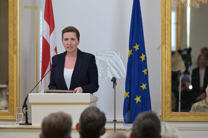 HANDOUT - 18 March 2025, Denmark, Copenhagen: Danish Prime Minister Mette Frederiksen speaks during a joint press conference with European Commission President Ursula von der Leyen at the Royal Danish Military Academy in Copenhagen. Photo: Dati Bendo/Euro