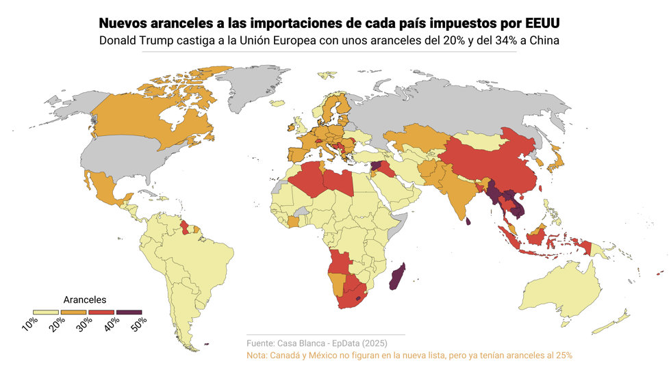 Mapa y listado completo de los nuevos aranceles de Trump a las importaciones en 2025