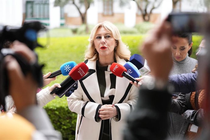 La consejera de Economía, Carolina España, este jueves en declaraciones a los medios tras una comparencia en comisión parlamentaria.