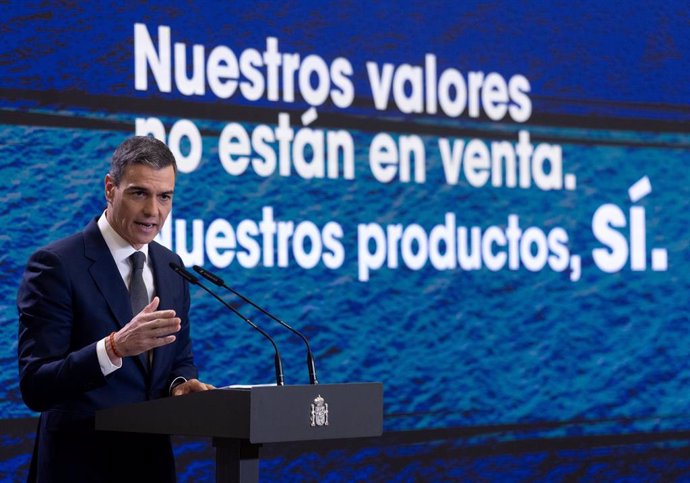 El presidente del Gobierno, Pedro Sánchez, durante su comparecencia de hoy en La Moncloa